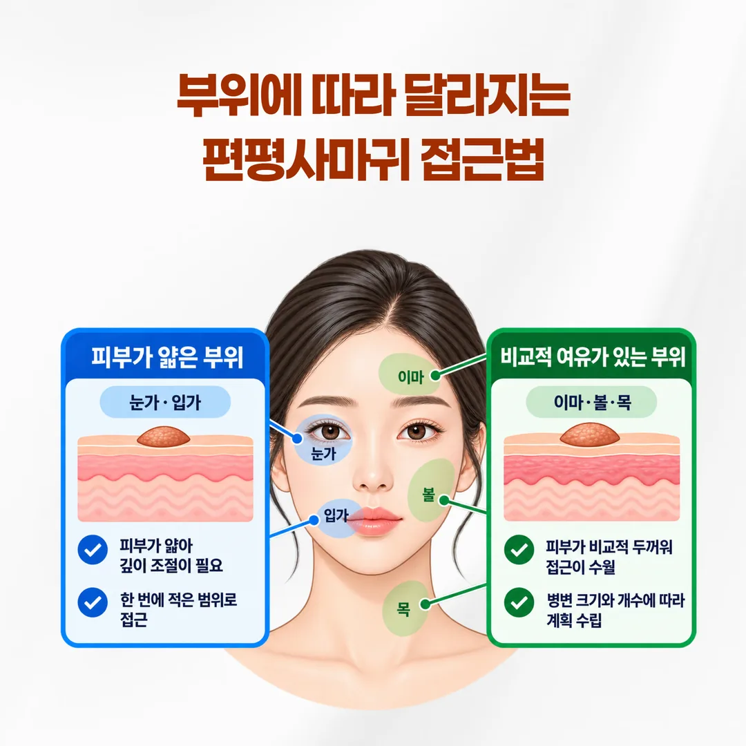 얼굴 부위별 피부 두께에 따라 편평사마귀 접근이 달라지는 이유를 보여 주는 설명도